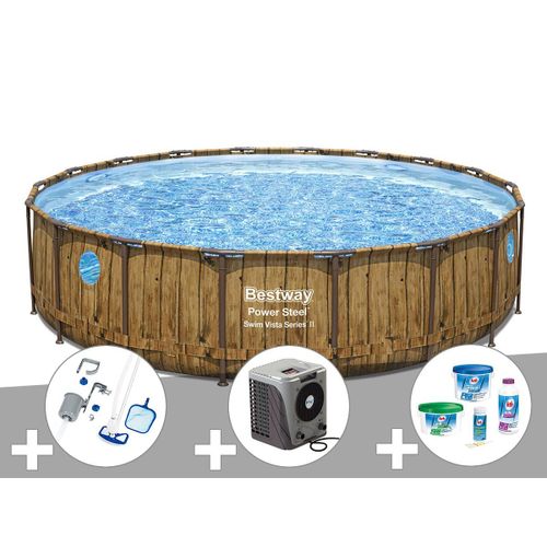 Kit piscine tubulaire ronde Bestway Power Steel avec hublots 5,49 x 1,22 m + Kit de traitement au chlore + Kit d'entretien Deluxe + Pompe à chaleur