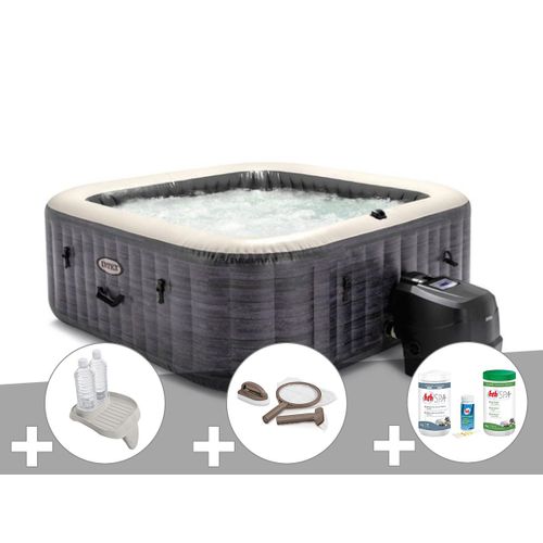 Kit spa gonflable Intex PureSpa Ardoise carré Bulles 6 places + Kit d'entretien + Porte-verre + Kit de traitement brome