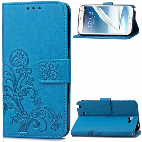 Saturcase Lucky Clover Pu Cuir Magnétique Flip Portefeuille Support Porte-Carte Coque Housse Étui Pour Samsung Galaxy Note Ii 2 N7100 Bleu