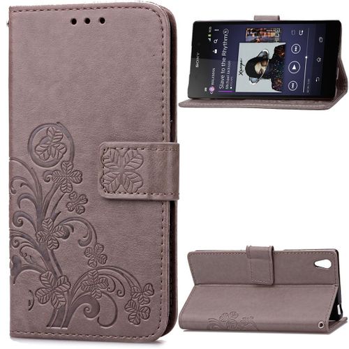 Xperia Z2 Coque, Saturcase Lucky Clover Pu Cuir Magnétique Flip Portefeuille Support Porte-Carte Coque Housse Étui Pour Sony Xperia Z2 Gris