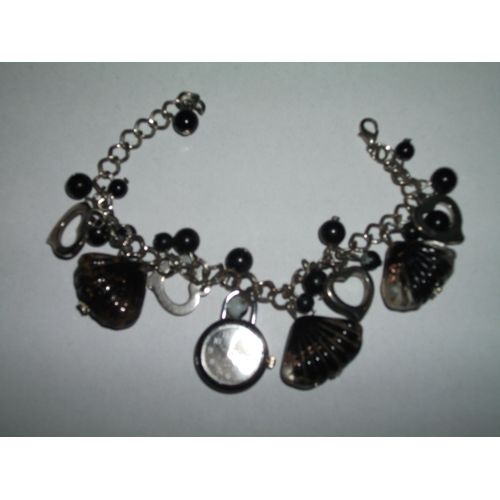 Bracelet Montre Avec Charms Et Pierres En Verre Noires Et Marron