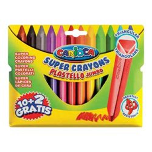 Carioca Plastello Jumbo - Crayon - Plastic Wax - Non Permanent - Couleurs Brillantes Assorties - Pack De 12