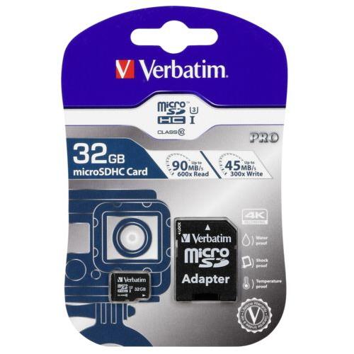 Verbatim 32GB Pro 600X microSDHC Memory Card with Adapter, UHS-I U3 Class 10, 47041