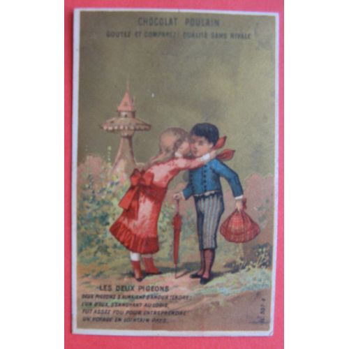 Chromo Ancien "Les Deux Pigeons" Publicité Chocolat Poulain Fond Or 