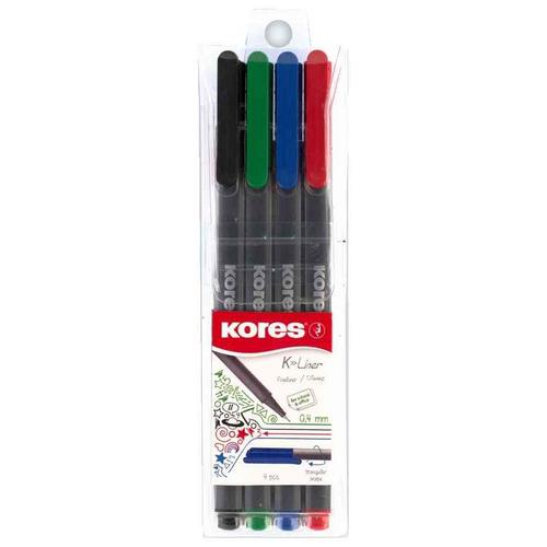 Kores Étui De 4 Feutres Fineliner "K-Liner", Tracé: 0,4 Mm