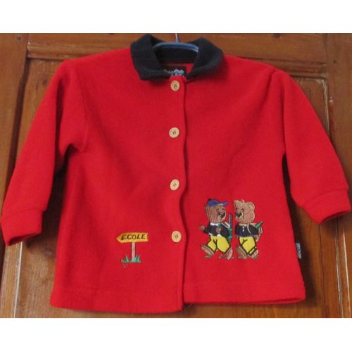 Gilet/Petite Veste Enfant Aspect Courtelle-Rouge Avec Col Bleu Marine-Fermeture Par 4 Boutons-Application De 2 Nounours Avec Cartables Se Dirigeant Vers Un Panneau École-Marque Artik-Taille 2/3ans