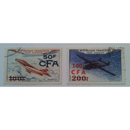 2 Timbres France Réunion Surchargé Cfa 1954 Poste Aérienne Yvert Et Tellier N°52 Mystère Iv Et 53 Noratlas Oblitérés
