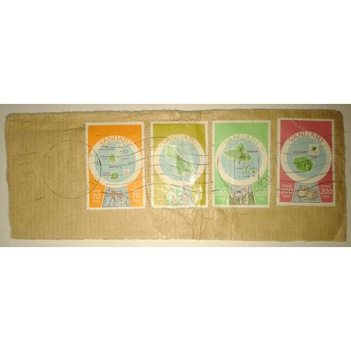 4 Timbres Vanuatu 1980 25, 70, 100 Et 200 Fnh Francs Des Nouvelles Hébrides Oblitérés Sur Coin D'enveloppe