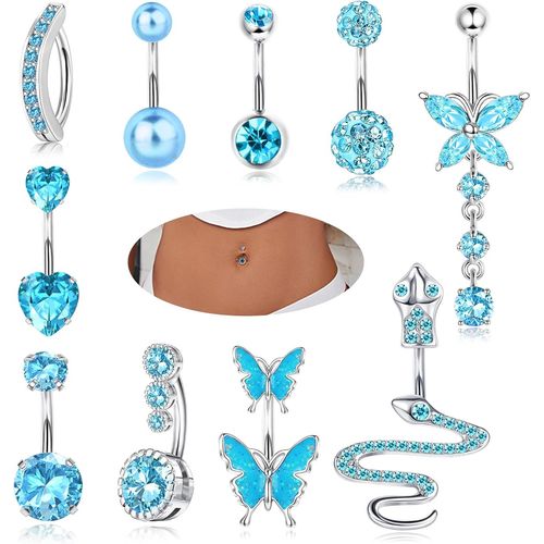 10pcs 14g Piercing Nombril Pour Femmes Acier Chirurgical Rose Bleu Piercing Ventre Cz Papillon Serpent Clicker Nombril Anneaux Piercing Au Nombril Ensemble Bijoux Piercing