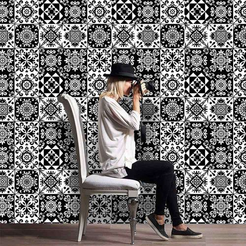 10pcs 15 * 5cm Noir Et Blanc Papier Peint Autocollant Dcoration Chambre  Coucher Plancher Carrelage Impermable Autocollant Autocollant Fleur Rsistant  L'usure