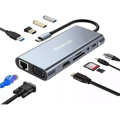 11-in-1 Docking Station Hub USB C,Adaptateur USB C HDTV 4K,VGA,3xUSB 3.0,USB C,Lecteur de Cartes SD/TF,Gigabit Ethernet,PD 100W,3.5mm Audio pour MacBook Pro/Air & Laptop Windows XPS