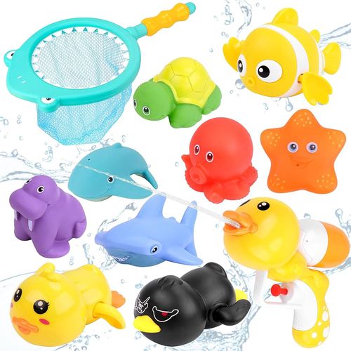 11 Pices Jouets De Bain Bbs Jouet De Bain Set Avec Pistolet  Eau Filet De Pche Jouet Canard Jouet De Poisson Jouets Animaux Marins Pour Bbs Enfant 1-6 Ans Jouets Aquatiques