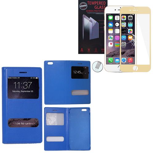 Etui S-View Pour Apple Iphone 6/ 6s - Bleu + 1 Film Verre Trempé - Or (Gold)