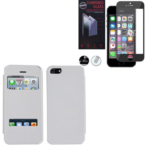 Etui S-View Pour Apple Iphone 5/ 5s/ Se - Blanc + 1 Film Verre Trempé - Noir
