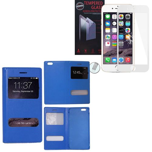 Etui S-View Pour Apple Iphone 6/ 6s - Bleu + 1 Film Verre Trempé - Blanc
