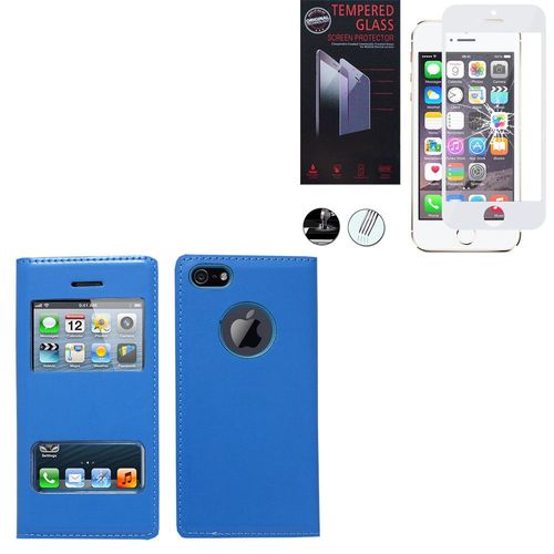 Etui S-View Pour Apple Iphone 5/ 5s/ Se - Bleu + 1 Film Verre Trempé - Blanc