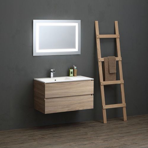 Meuble De Salle De Bain 90cm En Chêne Avec Vasque Asymétrique Et Miroir Led | Valentina