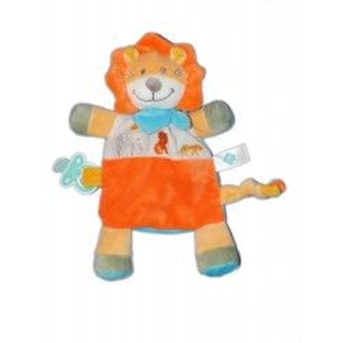Doudou Lion Orange Blanc Bleu Tex  Baby Attache Tetine Sucette Peluche Jouet Eveil Bebe 