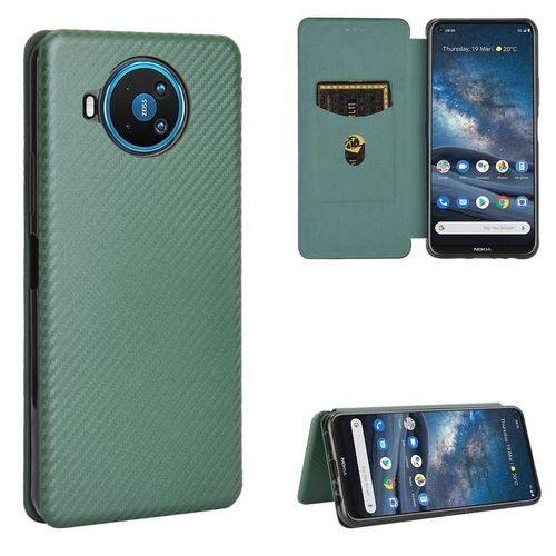 Étui Pour Nokia 8.3 Coque En Cuir Folio Flip Insertion De Carte Avec Porte-Cartes Kickstand Protection Complète Fibre De Carbone Magnétique - Vert