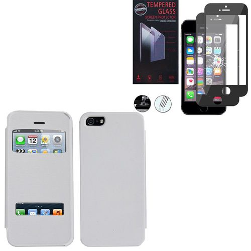 Etui S-View Pour Apple Iphone 5/ 5s/ Se - Blanc + 2 Films Verre Trempé - Noir