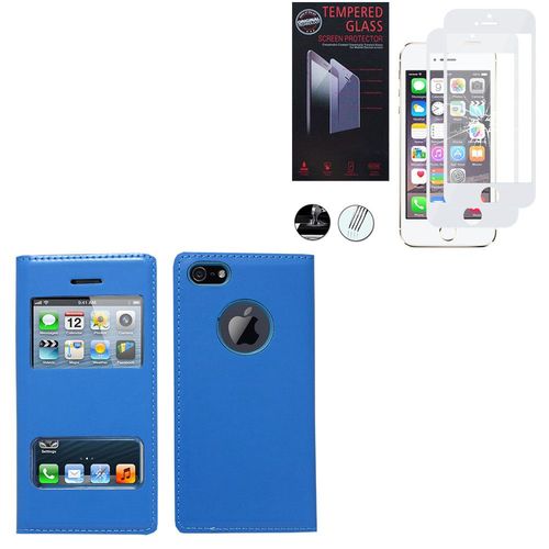 Etui S-View Pour Apple Iphone 5/ 5s/ Se - Bleu + 2 Films Verre Trempé - Blanc
