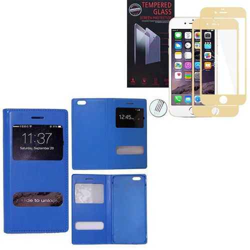 Etui S-View Pour Apple Iphone 6/ 6s - Bleu + 2 Films Verre Trempé - Or (Gold)