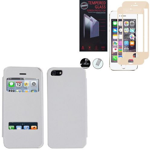 Etui S-View Pour Apple Iphone 5/ 5s/ Se - Blanc + 2 Films Verre Trempé - Or (Gold)