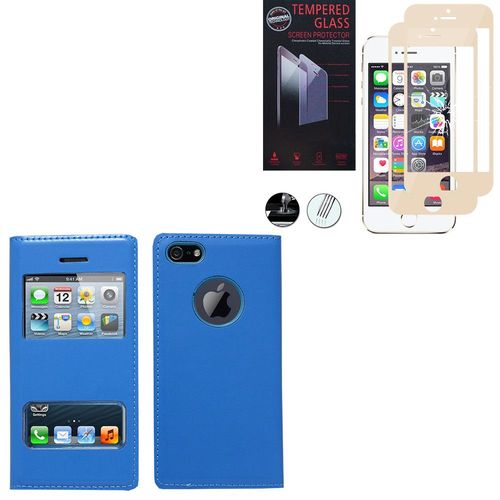 Etui S-View Pour Apple Iphone 5/ 5s/ Se - Bleu + 2 Films Verre Trempé - Or (Gold)