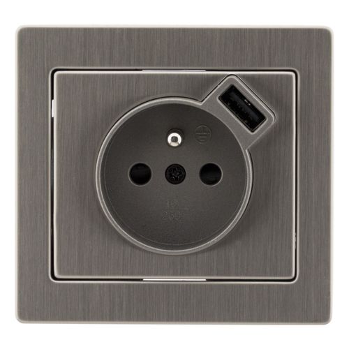 Prise 2 P+T Inox brossé avec chargeur USB 2,4A - Art'Flat