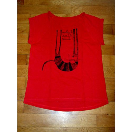 T-Shirt Tee Shirt Manches Courtes Avec Revers Col Rond Rouge H&m Motif Chats What Cats Think Taille 14 Ans