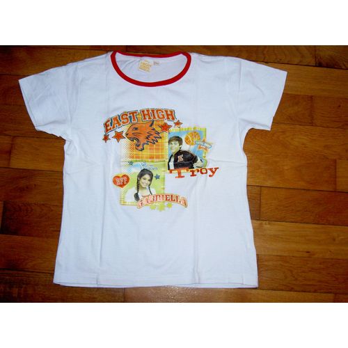 T-Shirt Tee Shirt Manches Courtes Blanc Col Rond Rouge Motif Disney High School Musical Troy Et Gabriella Taille 12 Ans