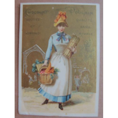 Chromo Ancien Publicitaire  Chocolat Poulain Femme Et Provision Fond Or