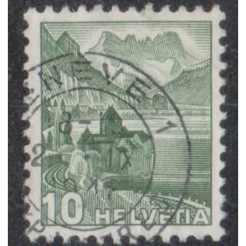 Timbre De Suisse N°462 Y&t 10 C. Vert Château De Chillon Et Dents Du Midi