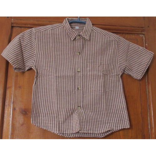 Chemisette Pour Garçonnet - Pointes Col Boutonnées - Manches Courtes - Poche Poitrine - Carreaux Pied De Poule Gris Et Jaune - Taille 5ans - 100% Coton - Ancien Mais Peu Porté