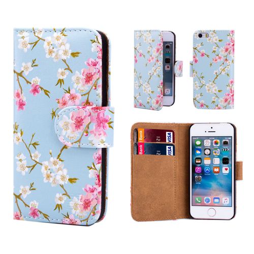 Étui Apple Iphone 5 5s Se -Floral Book- En Cuir Pu Avec Motifs Floraux, Fentes Cb Et Film Protecteur Inclus - Printemps Bleu