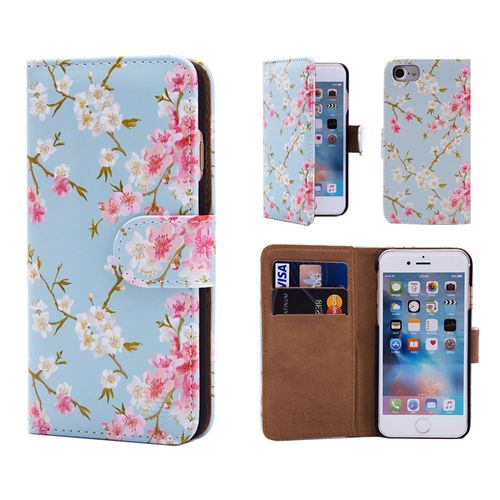 Étui Apple Iphone 7 -Floral Book- En Cuir Pu Avec Motifs Floraux, Fentes Cb Et Film Protecteur Inclus - Printemps Bleu