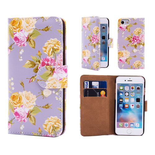 Étui Apple Iphone 7 -Floral Book- En Cuir Pu Avec Motifs Floraux, Fentes Cb Et Film Protecteur Inclus - Rose Retro Gris