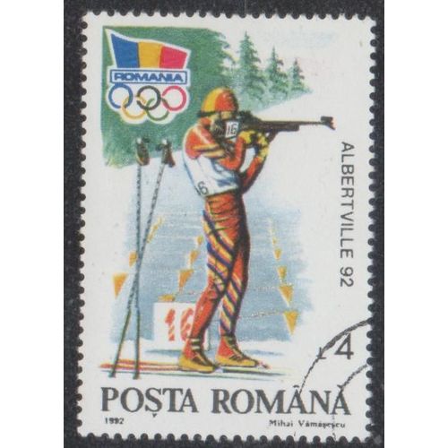 Timbre De Roumanie N°3985 A Y&t 4 L. Multicolore Jeux Olympiques D'hiver À Albertville Disciplines Olympiques Et Logo Du Comité Olympique Roumain Biathlon 