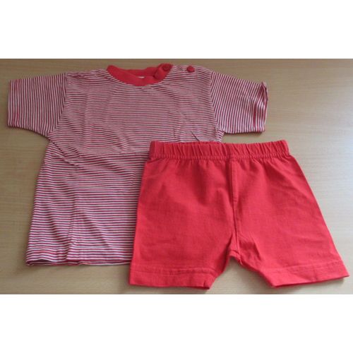 Ensemble Bébé 18mois : Tee-Shirt Rayé Rouge Et Blanc Fermeture Épaule Par 2 Boutons (100%Coton) + Short Rouge Assorti Hauteur 21cm -(95%Coton/5%Élasthanne) -Ancien Mais Peu Porté