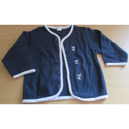 Gilet/Veste Fillette 23 Mois - Bleu Marine Gansé De Blanc Avec Application De 3 Souris Grises Du Côté Droit-Manches Longues-Fermeture Par Boutons Pression-100%Coton-Hauteur 36cm-Ancien Mais Peu Porté