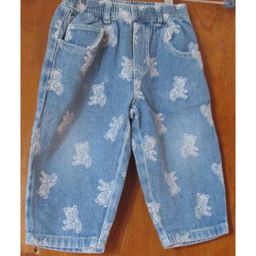 Pantalon Jean Fillette 1an - Bleu Avec Impression De Nounours En Fil Blanc- Ceinture Élastiquée À Passants-2 Poches Avant, 2 Poches Arrière-Hauteur 43.5cm- 100%Coton - Ancien Mais Peu Porté