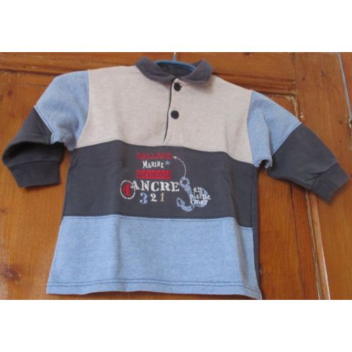 Polo Garçon-Dos Bleu Marine, Manches Longues Bleu Clair Et Marine-Devant Gris Avec Bandeau Marine Ballade En Pleine Mer, Ancre 321 - Absorba Taille 2ans- 100%Coton-Ancien Et Déjà Porté