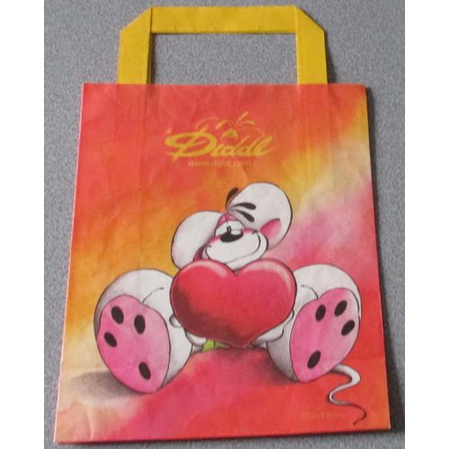 Sac Papier Diddl Avec 2 Anses De Papier Jaune - Fond Orange - Diddl Et Un Gros Coeur Rose - 18x22x8cm