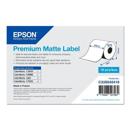 Epson Premium - Mat - Rouleau (10,2 cm x 35 m) 1 rouleau(x) papier continu pour étiquette - pour Epson TM-C3400-LT; ColorWorks CW-C4000E (BK), CW-C4000E (MK); TM C3400, C3400BK, C3500