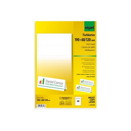 Sigel DP049 - Cartes d'invitation - blanc brillant - 190 x 60 mm - 185 g/m² - 40 unités ( 20 feuille(s) x 2 )