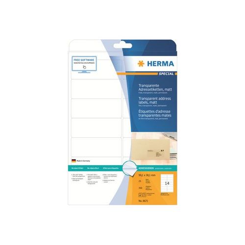 HERMA Special - Étiquettes d'adresses mates autocollantes - transparent - 99.1 x 38.1 mm 350 étiquette(s) ( 25 feuille(s) x 14 )