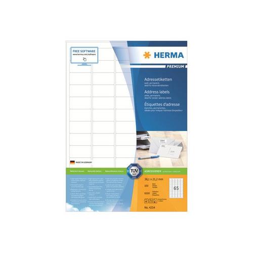 HERMA Premium - Étiquettes d'adresse en papier plastifiées mates autocollantes permanentes - Ultra blanc - 38.1 x 21.2 mm 6500 étiquette(s) ( 100 feuille(s) x 65 )