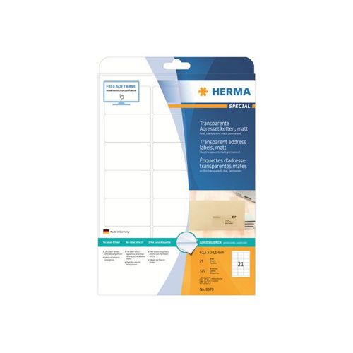HERMA Special - Étiquettes d'adresses mates autocollantes - transparent - 63.5 x 38.1 mm 525 étiquette(s) ( 25 feuille(s) x 21 )