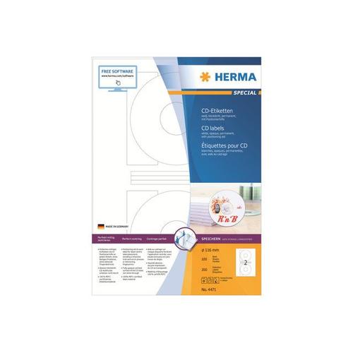 HERMA Special - Étiquettes de CD/DVD en papier opaques mates autocollantes permanentes - blanc - diamètre 116 mm 200 étiquette(s) ( 100 feuille(s) x 2 )