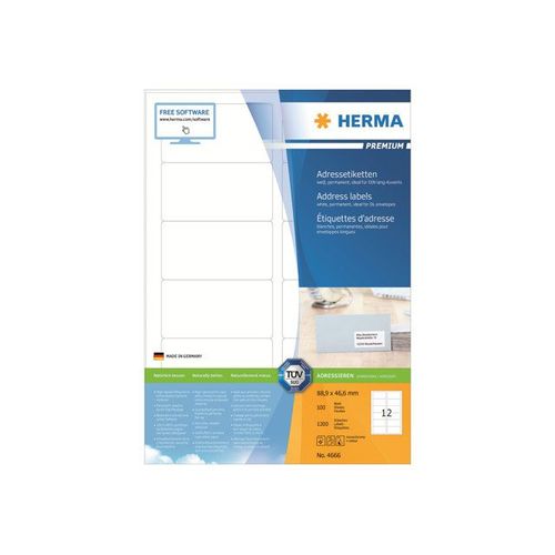 HERMA Premium - Étiquettes d'adresse en papier plastifiées mates autocollantes permanentes - blanc - 88.9 x 46.6 mm 1200 étiquette(s) ( 100 feuille(s) x 12 )